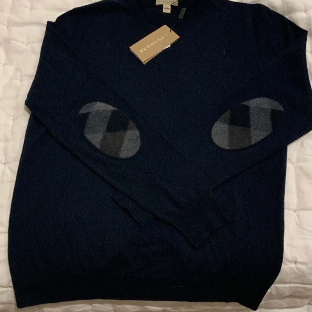 Burberry Navy V-Neck Sweater with Check Elbow Patches